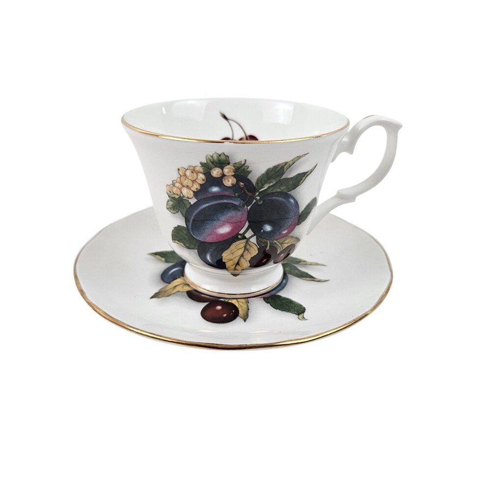 Royal Nobilta Teacup Saucer Set China Fruit Design Gold Trim England Vintage